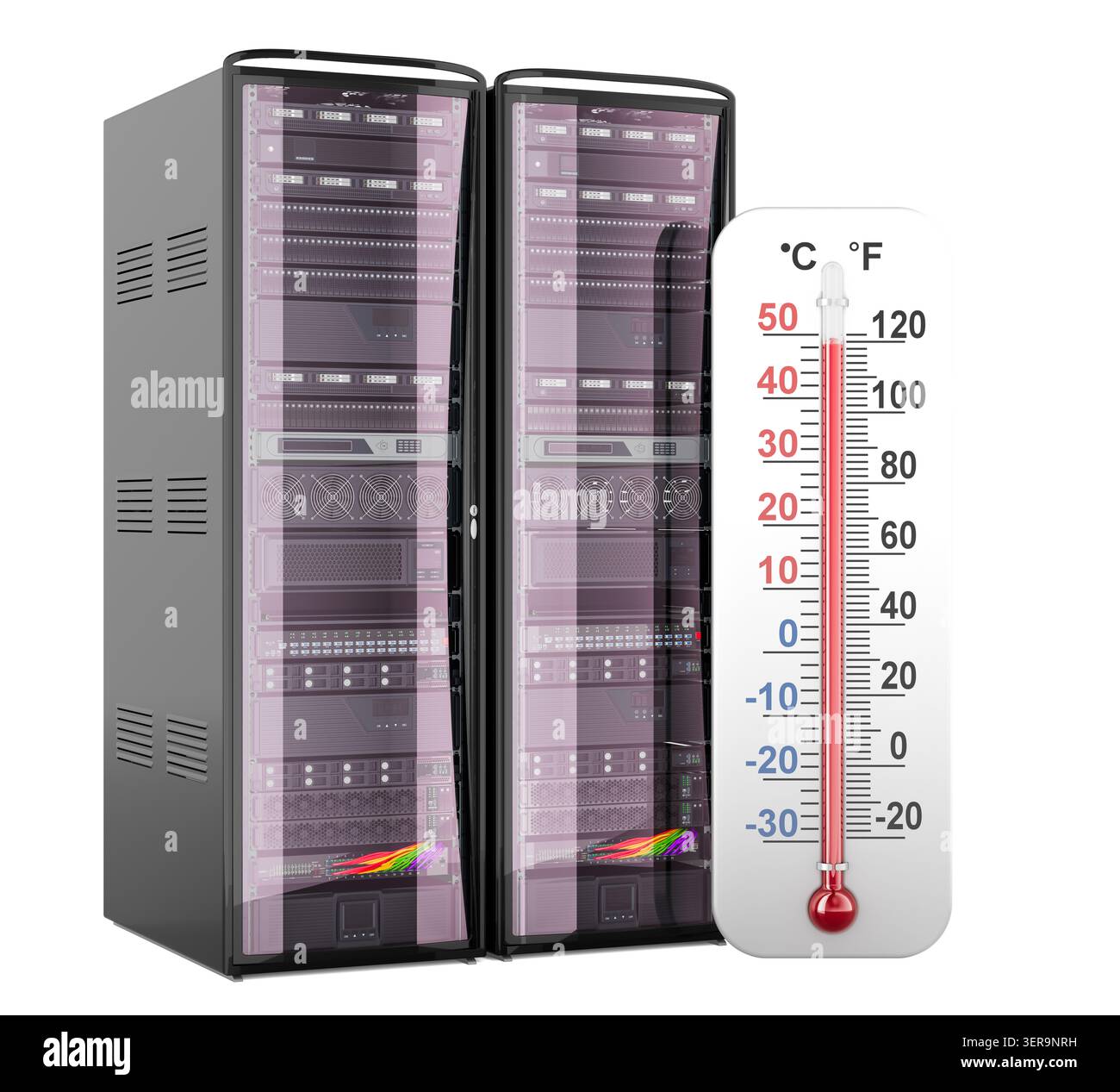 Server racks with thermometer, data center cooling and overheating control concept, 3d rendering isolated on white background Stock Photo
