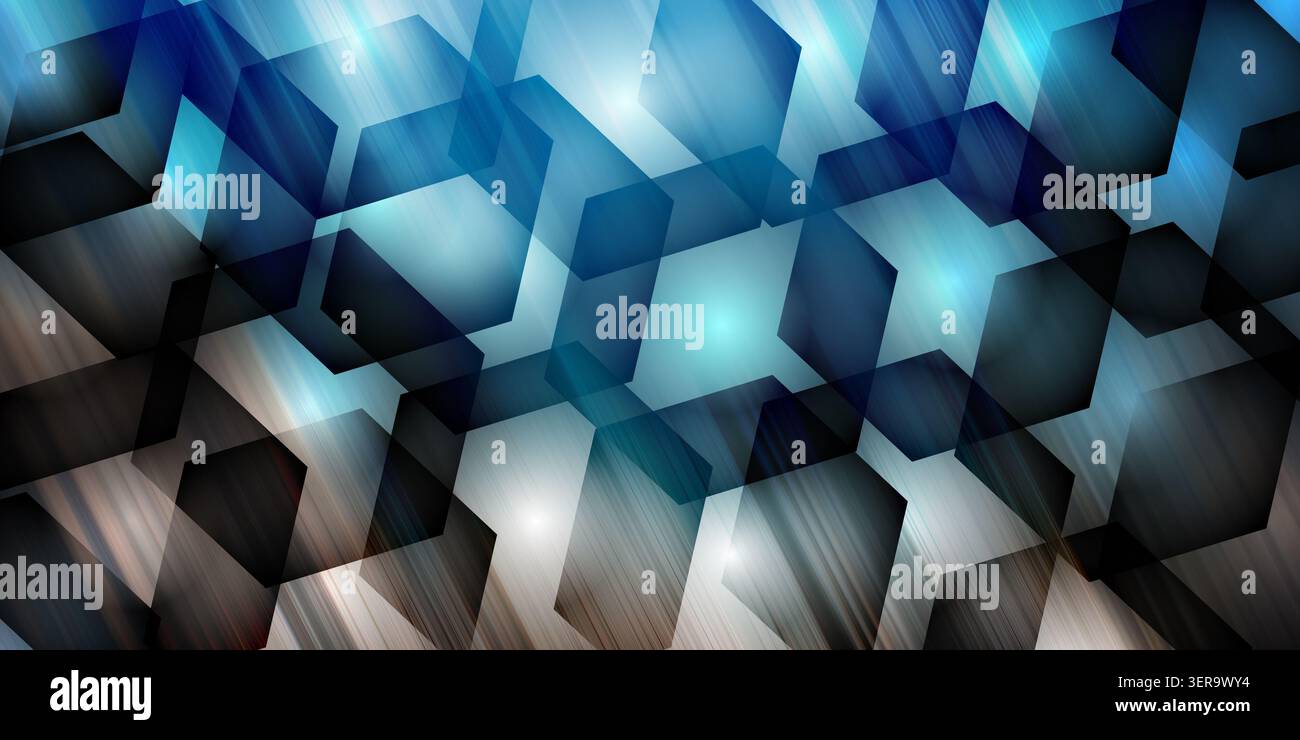 A dynamic abstract background featuring overlapping translucent blue hexagonal shapes and light streaks, creating a modern technological or digital ef Stock Photo
