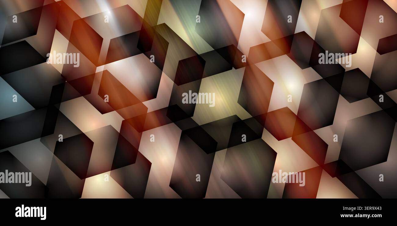 A dynamic abstract background with a mix of warm orange and cool blue tones, featuring a layered geometric hexagonal pattern and soft light flares. Stock Photo