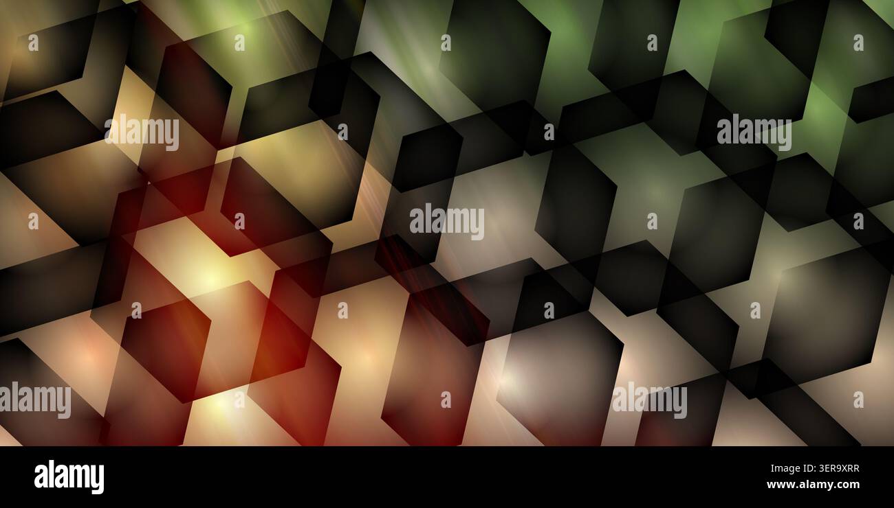 An abstract background featuring dark, overlapping hexagonal shapes set against a glowing, multi-colored light effect. Stock Photo