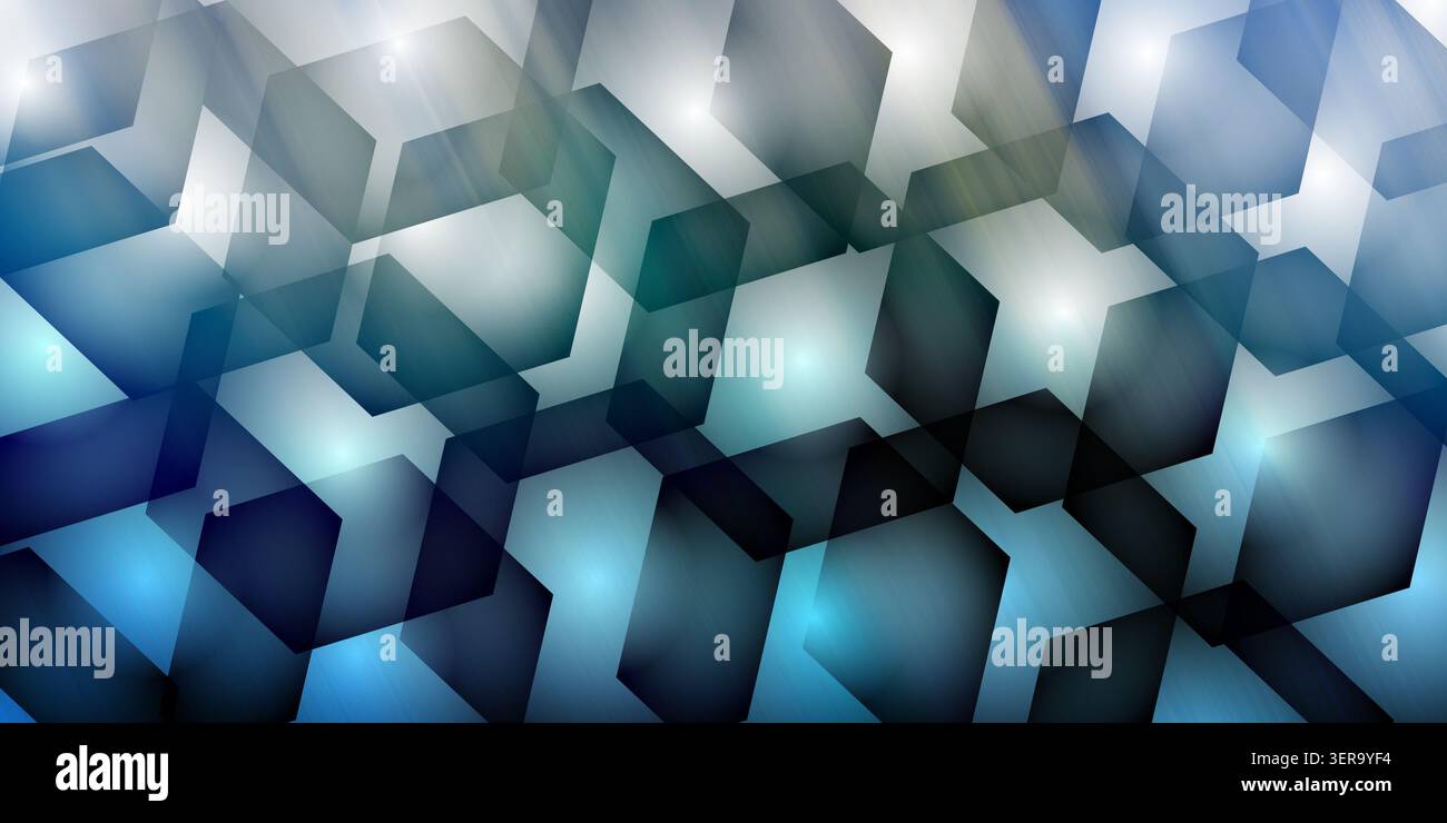 Modern digital background featuring a dynamic pattern of translucent, overlapping hexagonal shapes in shades of blue, green, and white with light effe Stock Photo