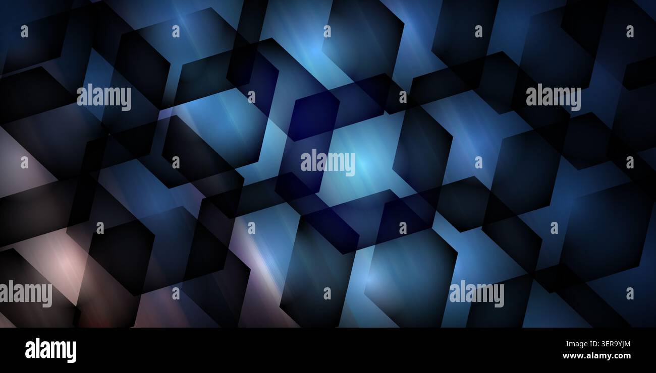 Futuristic abstract background featuring dark overlapping hexagons with a vibrant blue light glow. Stock Photo
