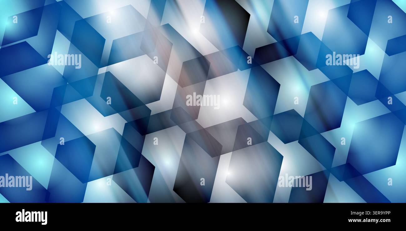 Futuristic abstract background featuring overlapping translucent blue and white 3D geometric cubes with glowing light effects. Stock Photo