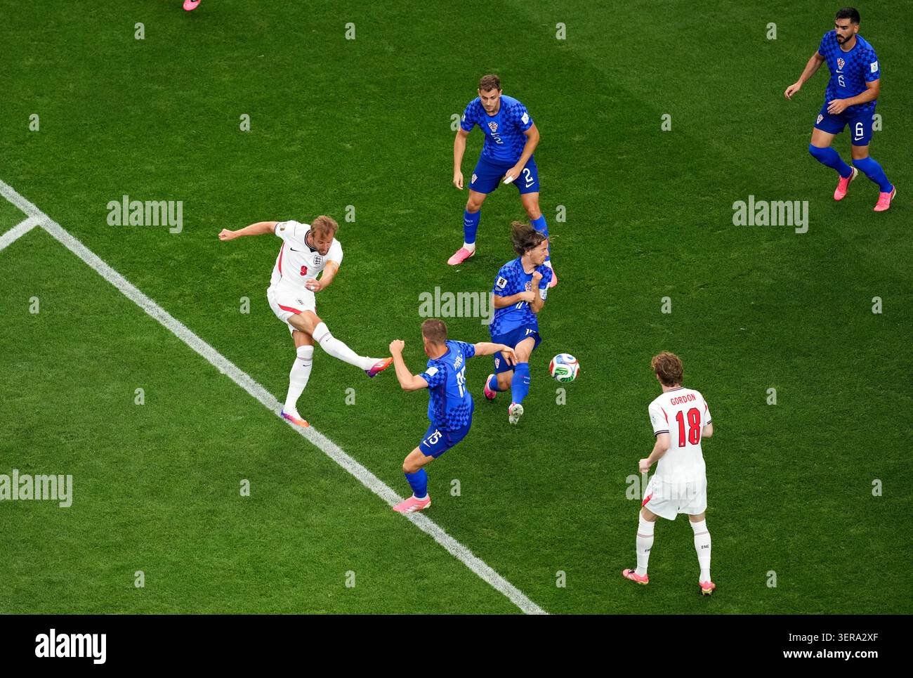 England's Harry Kane shoots towards goal during the FIFA World Cup ...