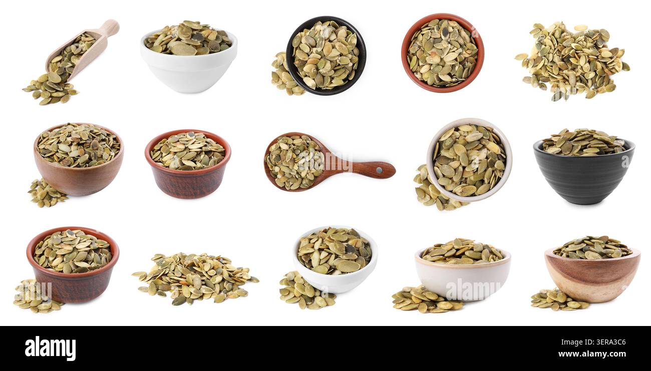 Dried pumpkin seeds isolated on white, set Stock Photo