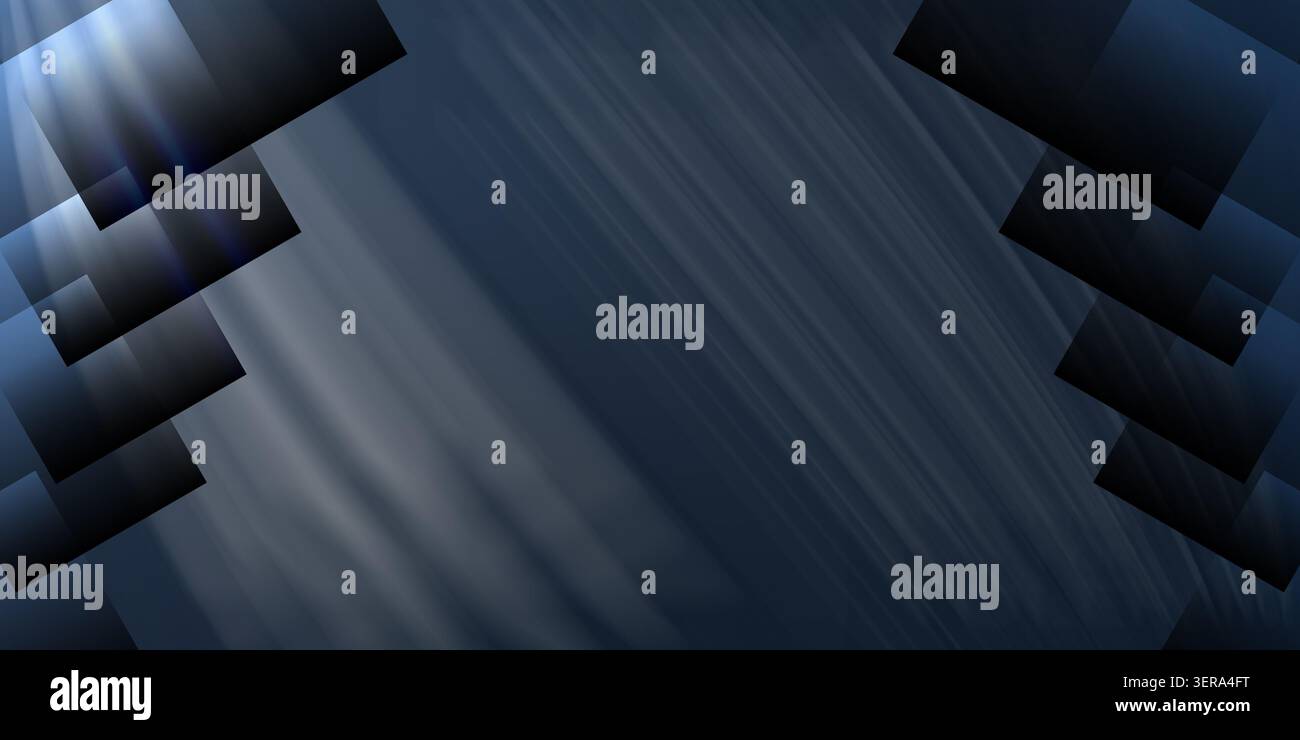 A sophisticated abstract background with deep blue tones, subtle light rays, and dark rectangular frames arranged diagonally. Stock Photo