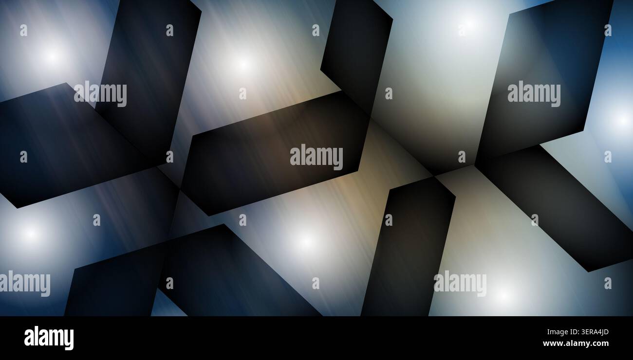 An abstract background featuring dark, angular, overlapping geometric shapes set against a soft, glowing, multi-colored gradient backdrop with light s Stock Photo