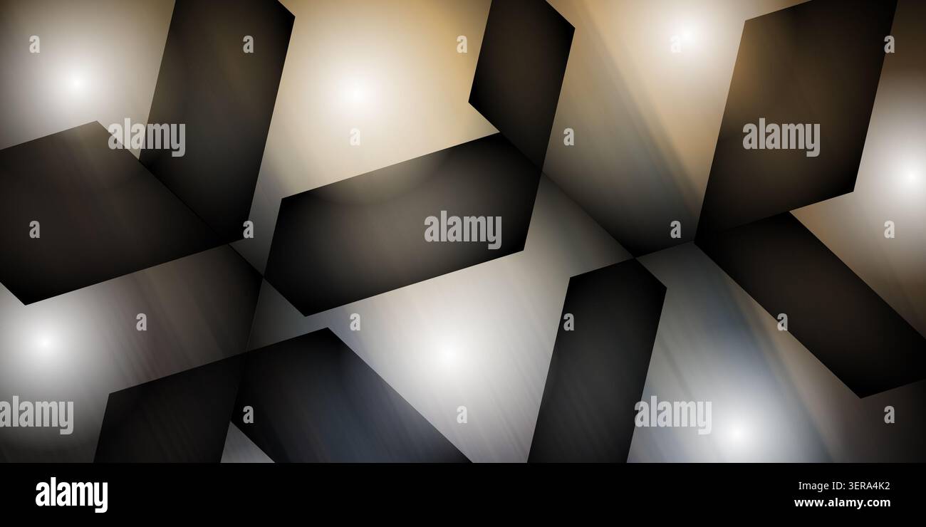 An abstract background featuring dark, angular, overlapping geometric shapes set against a soft, glowing, multi-colored gradient backdrop with light s Stock Photo