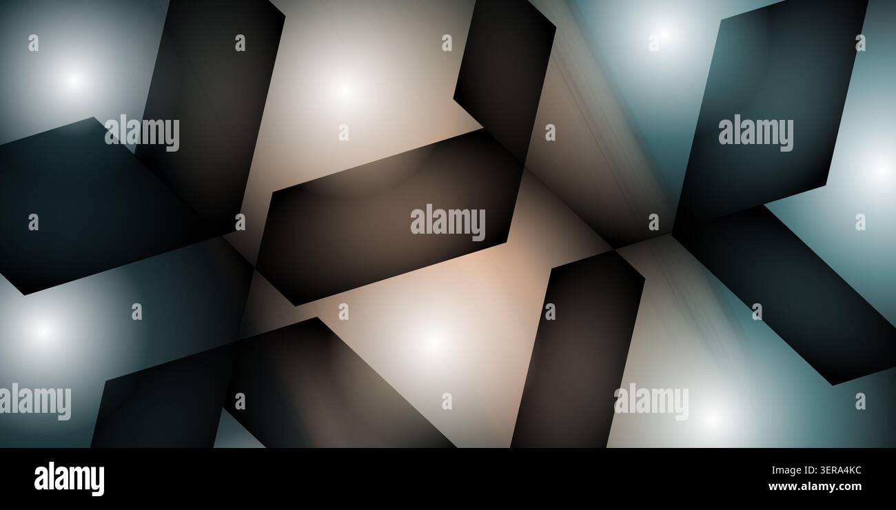 An abstract background featuring dark, angular, overlapping geometric shapes set against a soft, glowing, multi-colored gradient backdrop with light s Stock Photo