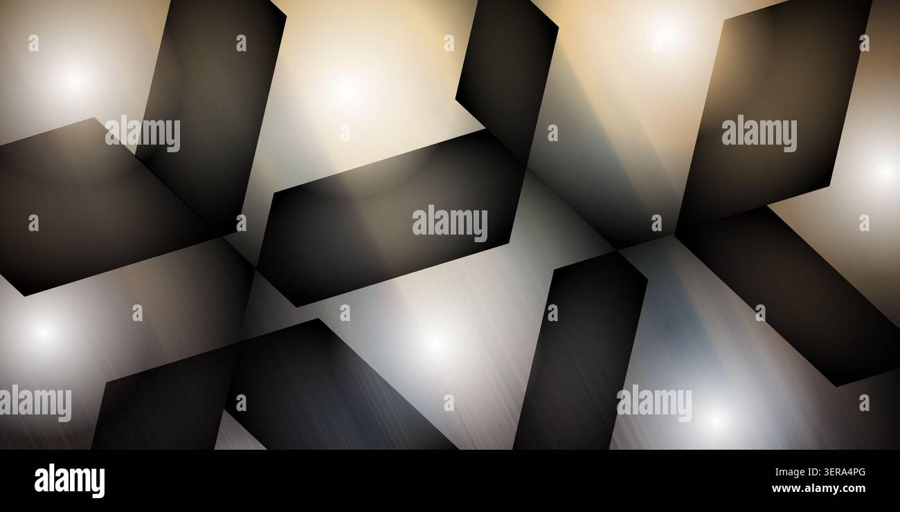 A sophisticated abstract design featuring dark, angular shapes layered over a subtle metallic-toned gradient with glowing light points. Stock Photo