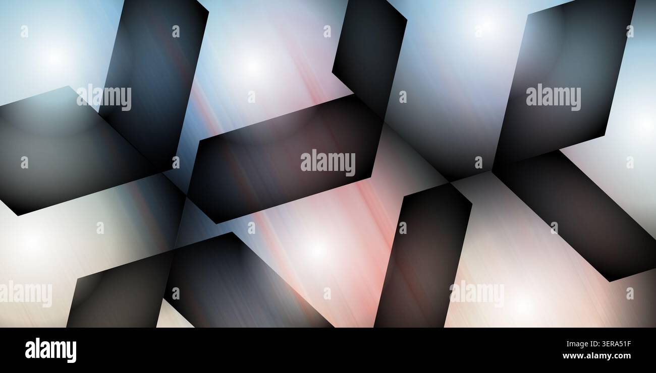 An abstract background featuring dark, angular, overlapping geometric shapes set against a soft, glowing, multi-colored gradient with light flares. Stock Photo