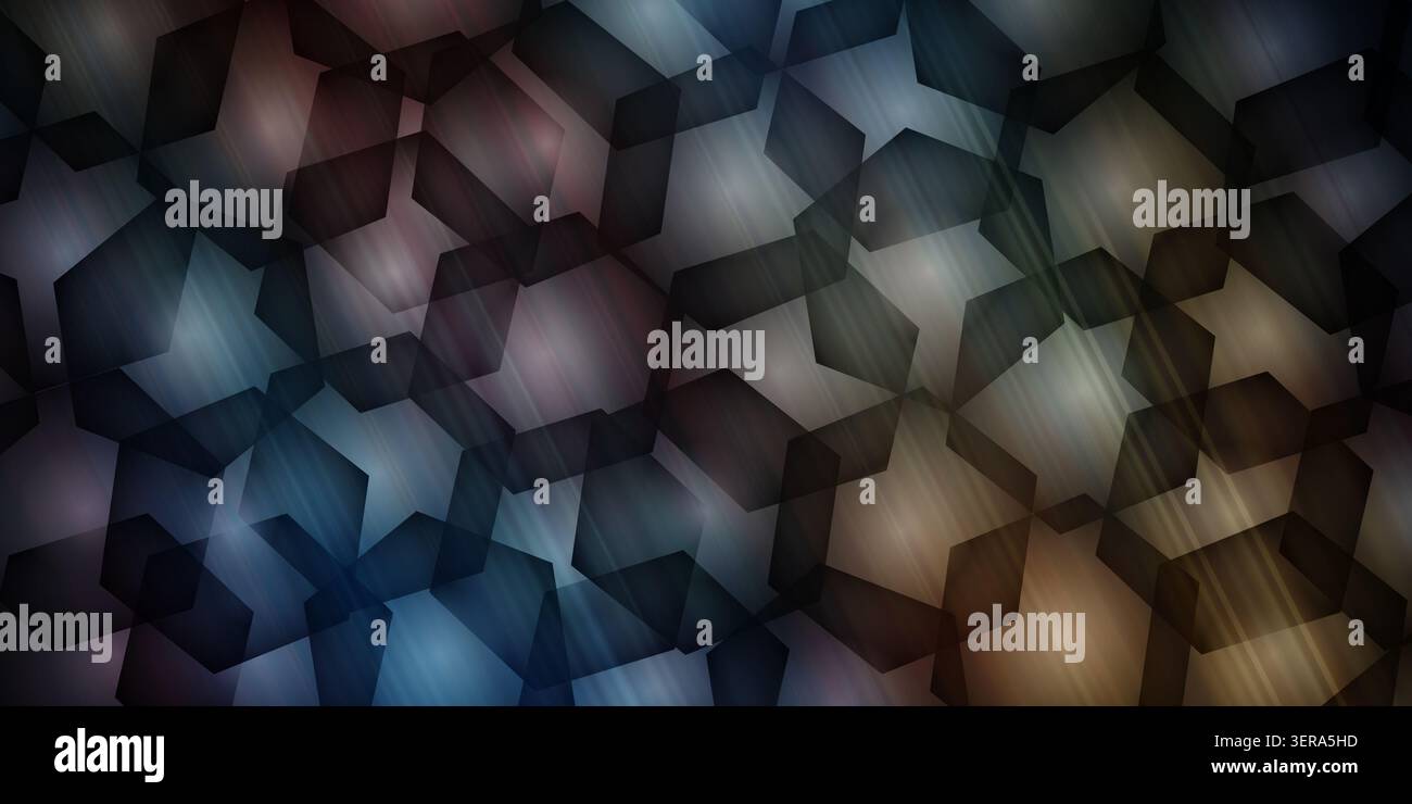 Abstract background featuring a repeating pattern of dark translucent hexagons over a multicolored gradient with subtle light streaks. Stock Photo
