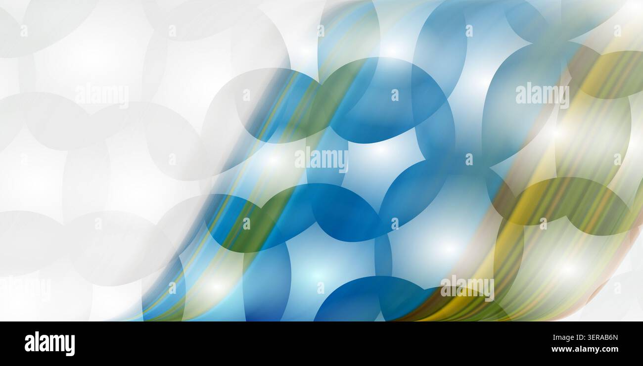 An abstract background featuring blue circles and dynamic light streaks on a white and grey gradient base. Stock Photo
