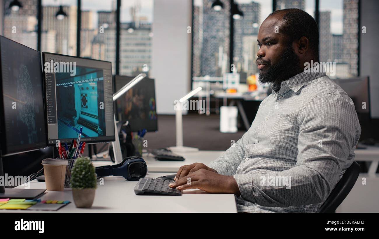 Black worker creating fantasy video game with AI neural networks systems, using advanced development software. Engineer working with programming tools and gaming assets, building virtual world. Stock Photo