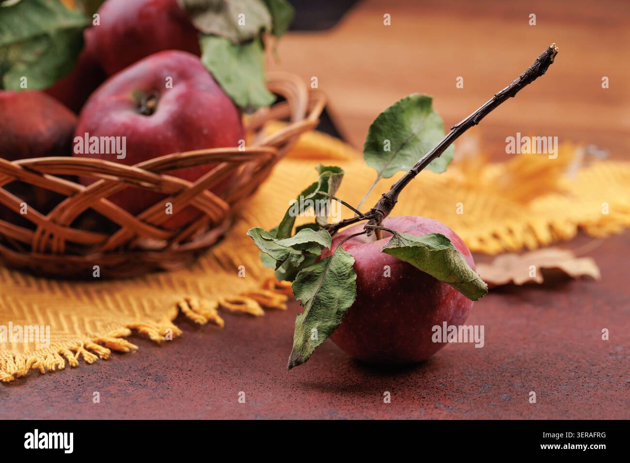 Organic Apple on Rustic Table with Blanket Stock Photo