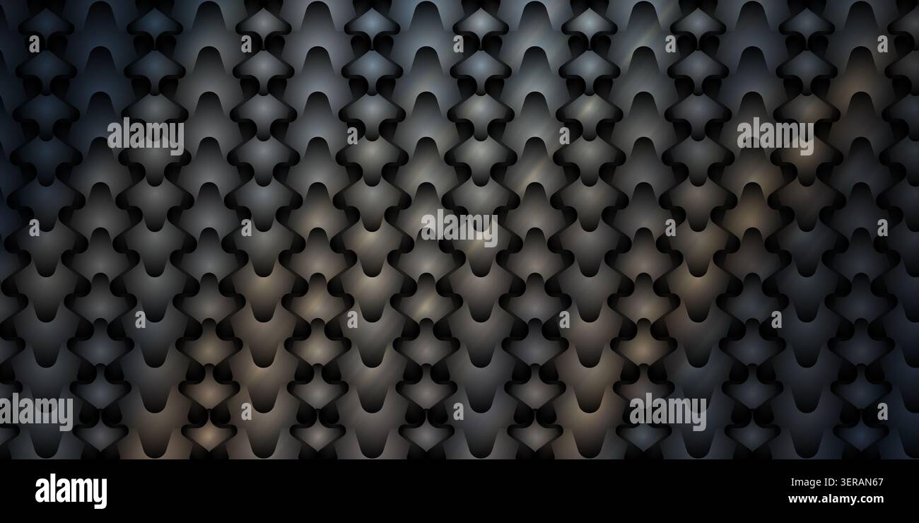 A seamless digital background featuring a repeating dark metallic chainmail or scale pattern with subtle highlights. Stock Photo