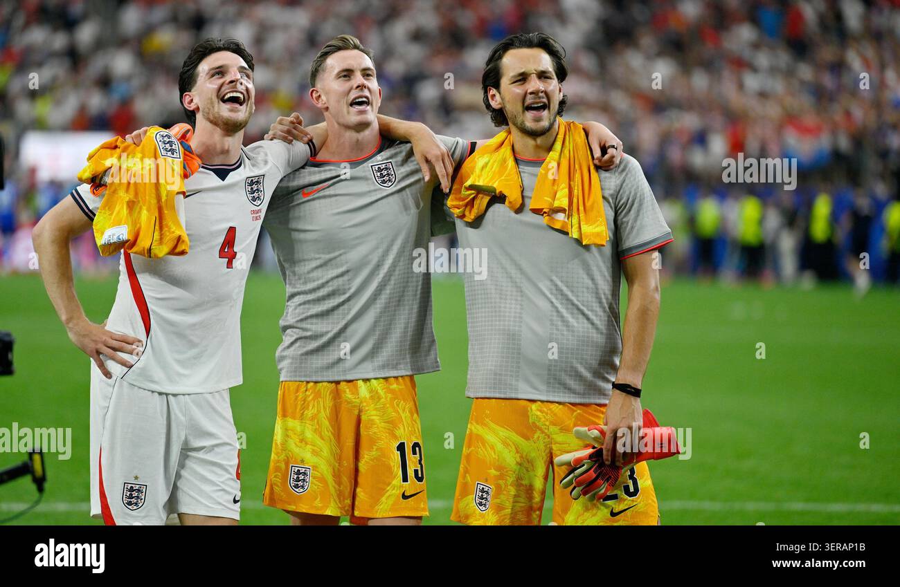 Final celebration, from left: Declan Rice, goalkeeper Dean Henderson ...