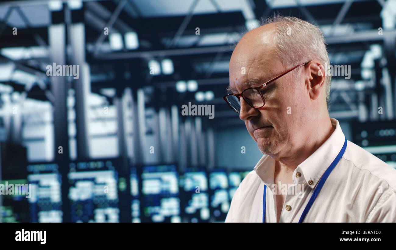 Competent professional in data center, solving tasks on tablet while running scripts on laptop terminal, skillful developer amidst servers, accessing databases and manipulating lines of code. Stock Photo