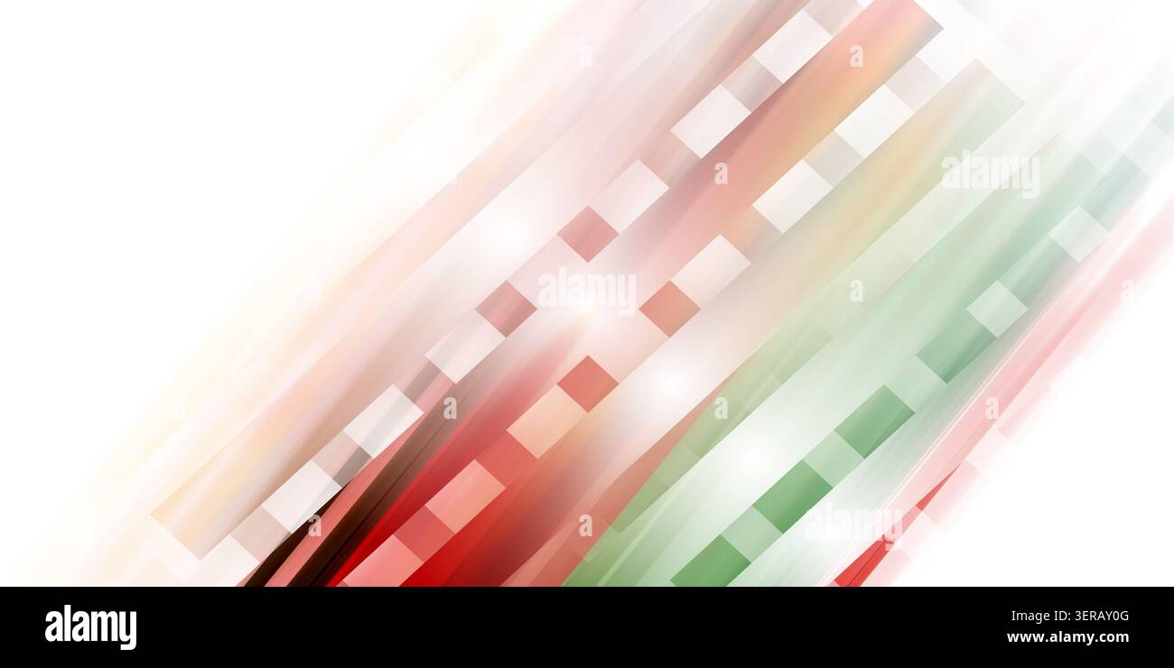 A bright abstract background featuring intersecting diagonal stripes in soft red, green, and white tones, accented with glowing light squares isolated Stock Photo
