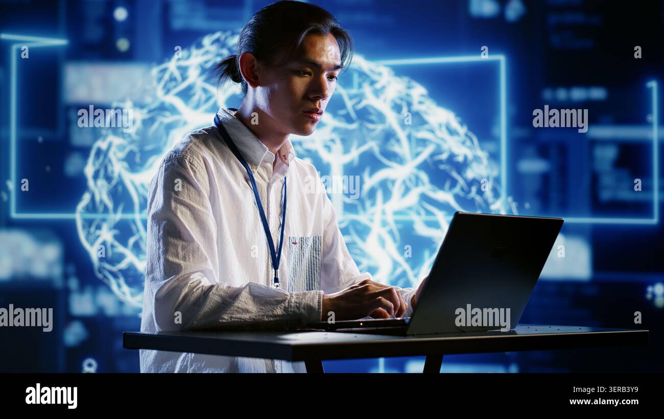 Computer scientist developing artificial intelligence neural networks architecture inspired by human brain. Dilligent worker setting up AI machine learning algorithms in high tech startup Stock Photo