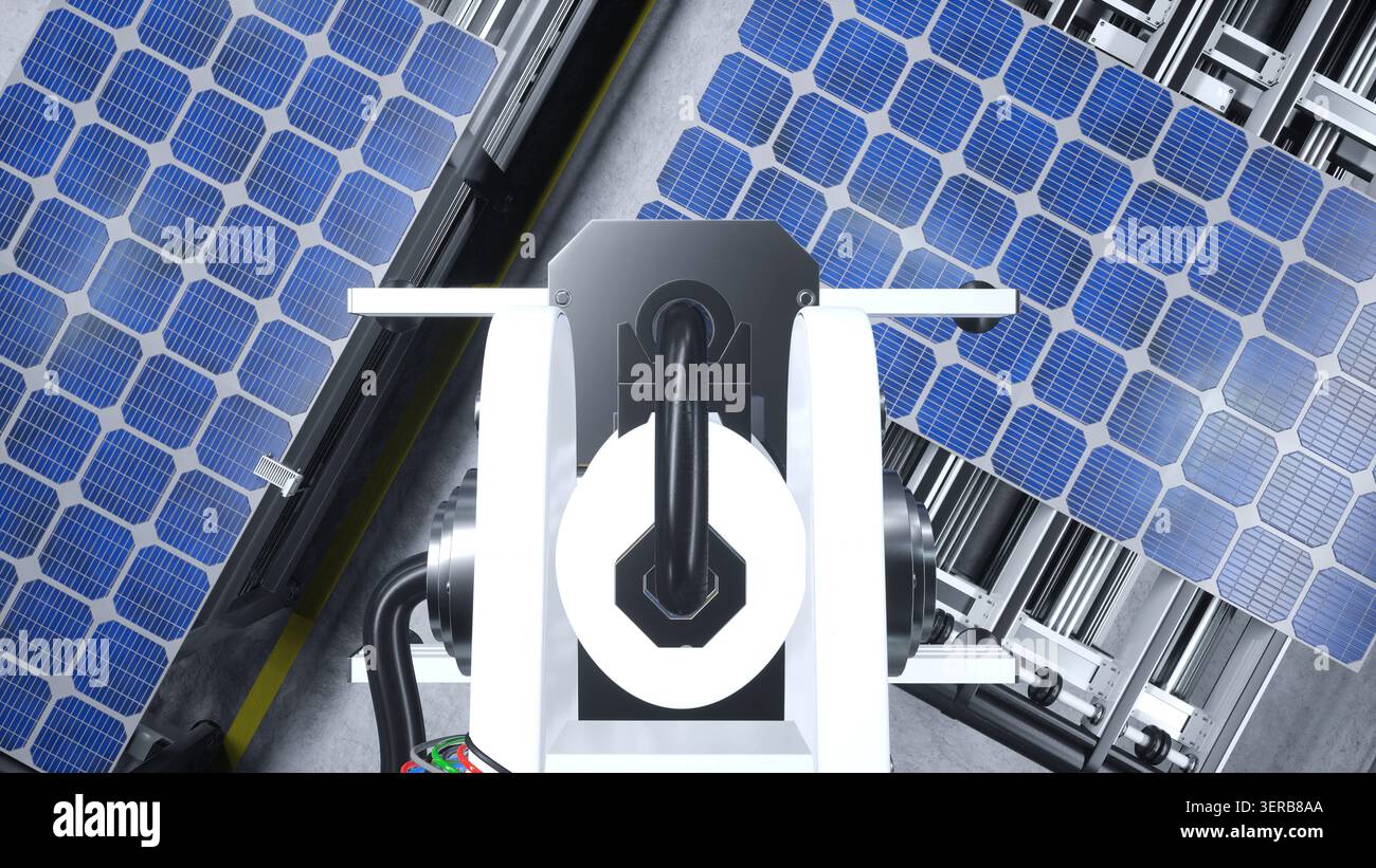 POV of robotic arms moving solar panels on conveyor belts during high ...