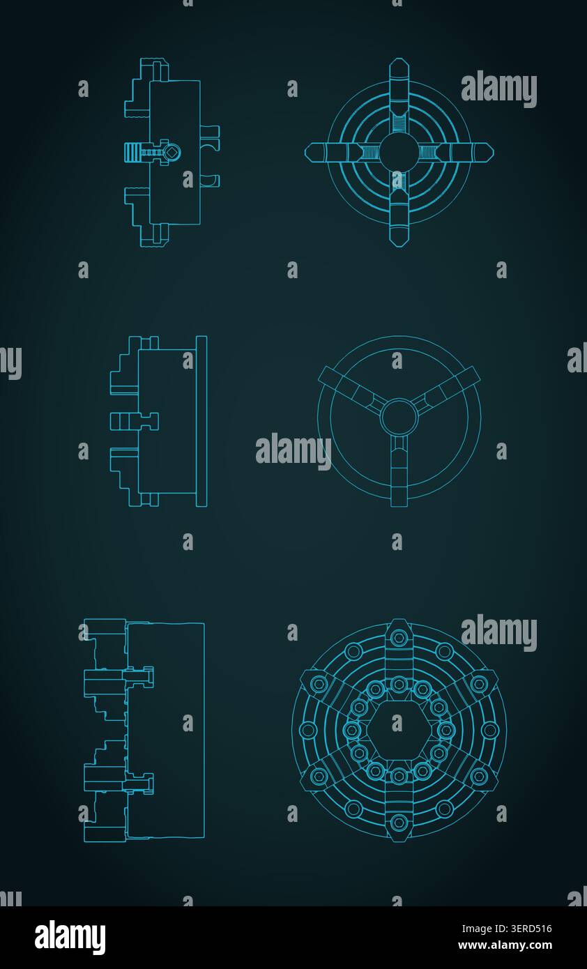 Lathe chuck blueprints mini set, stylized vector illustration Stock Vector
