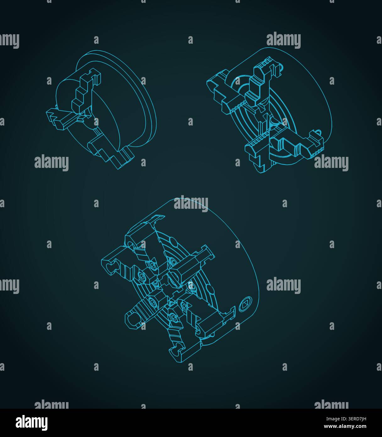 Lathe chuck isometric blueprints mini set, stylized vector illustration Stock Vector