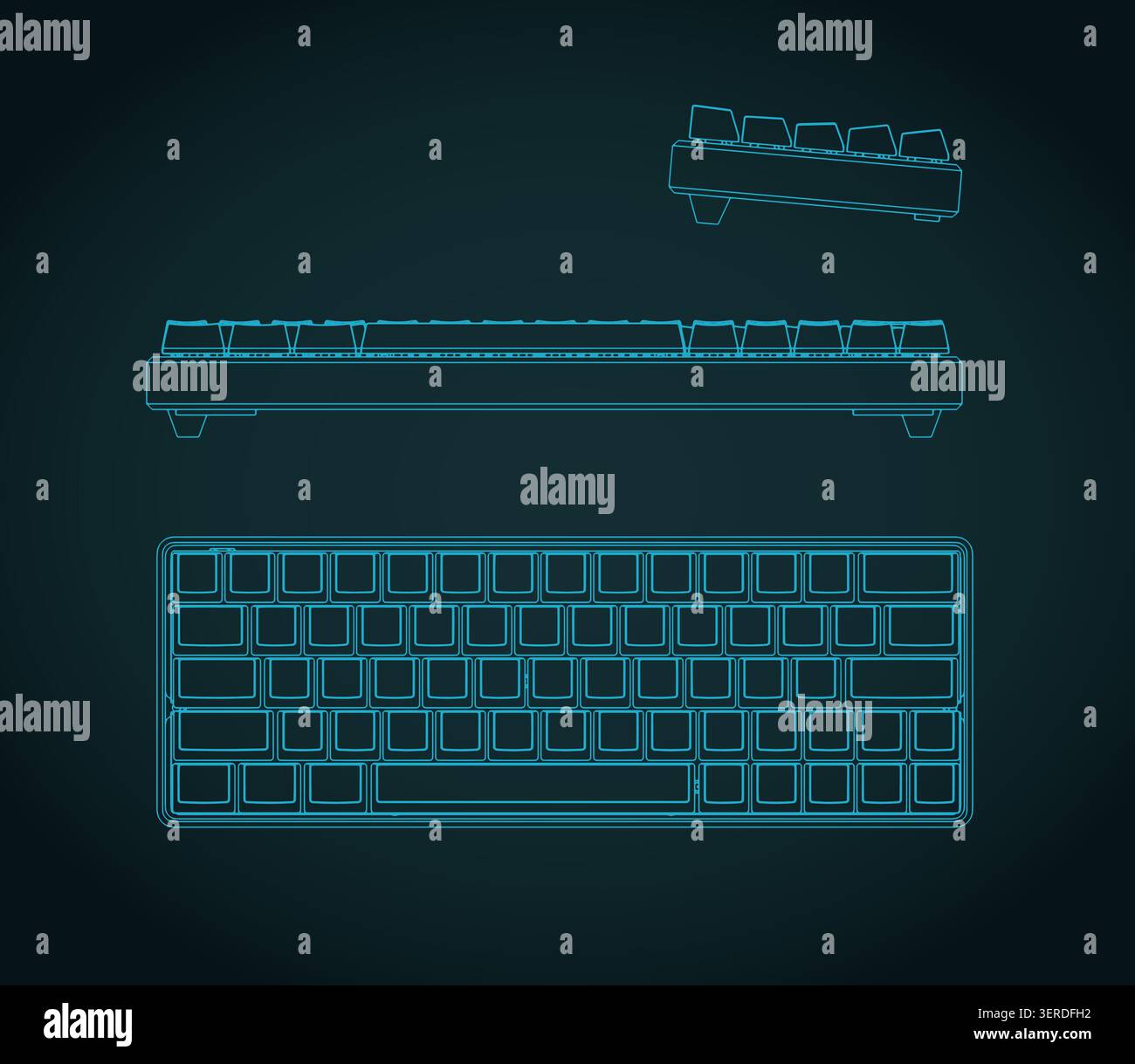 Mechanical 60% keyboard isometric blueprints stylized vector illustration Stock Vector