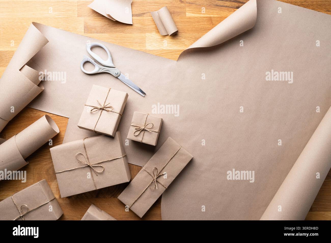 Christmas Gift Wrapping Workspace With Copy Space Stock Photo