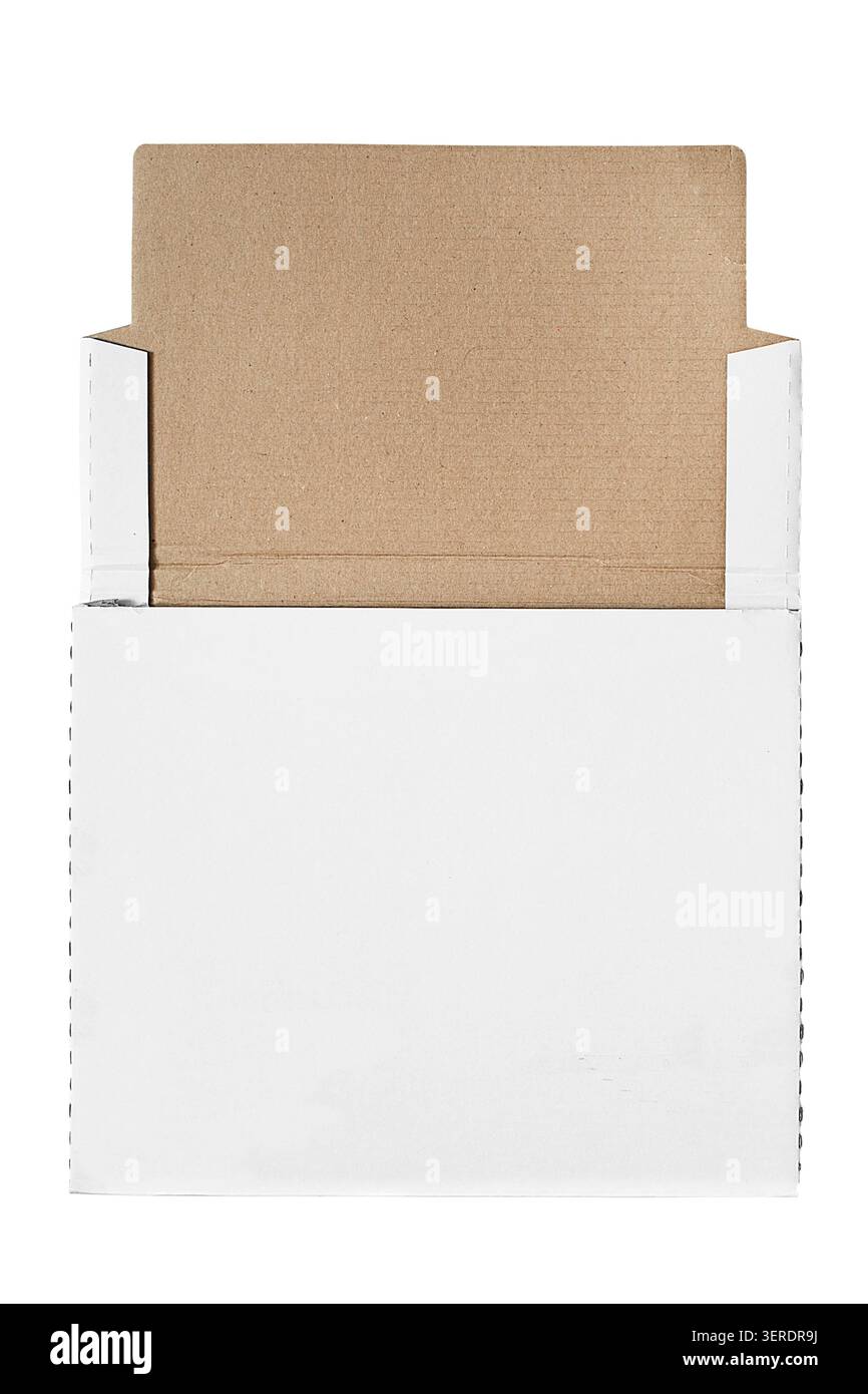 Blank white unpacked paper packet isolated on white background Stock Photo