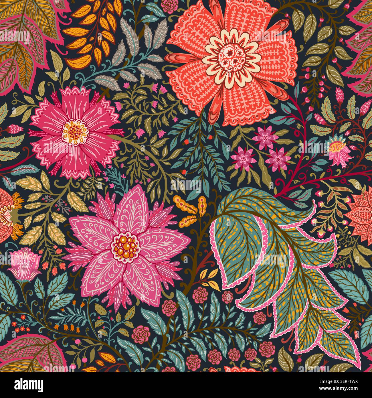 Dark Indian Chintz Floral Ornamental Pattern Stock Vector
