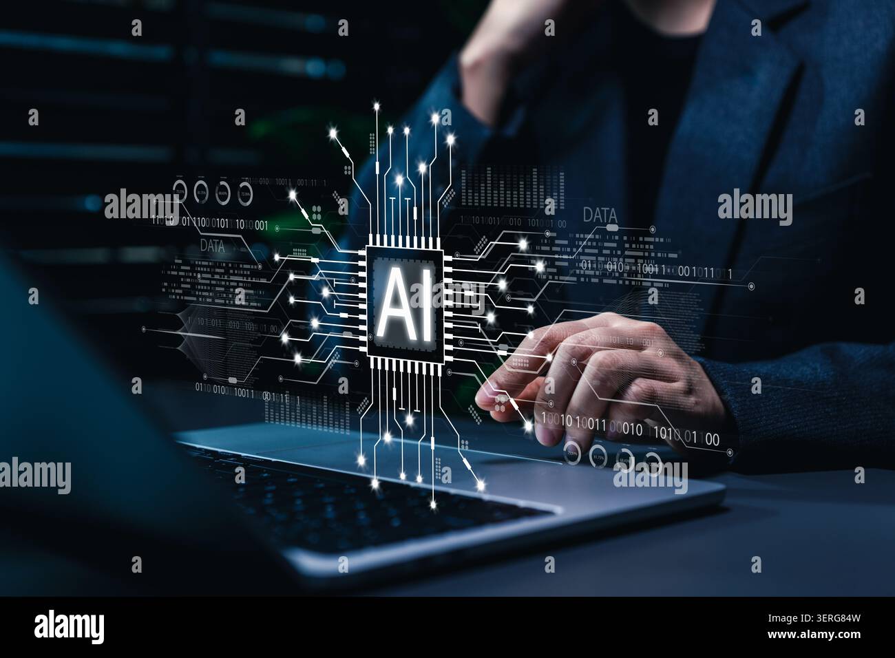Artificial intelligence AI chip processor technology concept. machine learning data circuit network, prompt engineering, agentic AI, analyzes Stock Photo