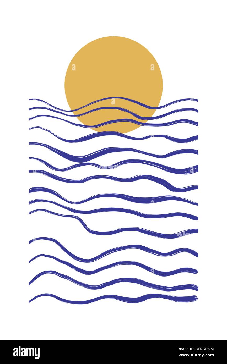 Sun above hand-drawn blue waves on white background Stock Photo