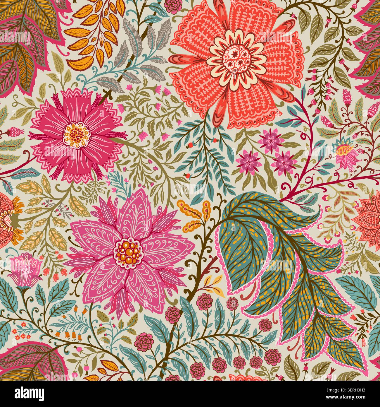 Beige Indian Chintz Floral Ornamental Pattern Stock Vector