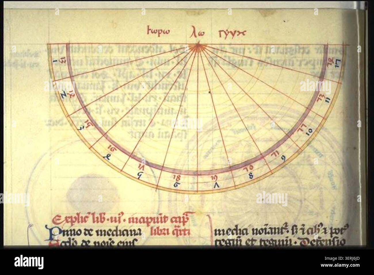 Solar Time Sundial Archival image from 1250 presenting a schematic sundial plan in Latin ...