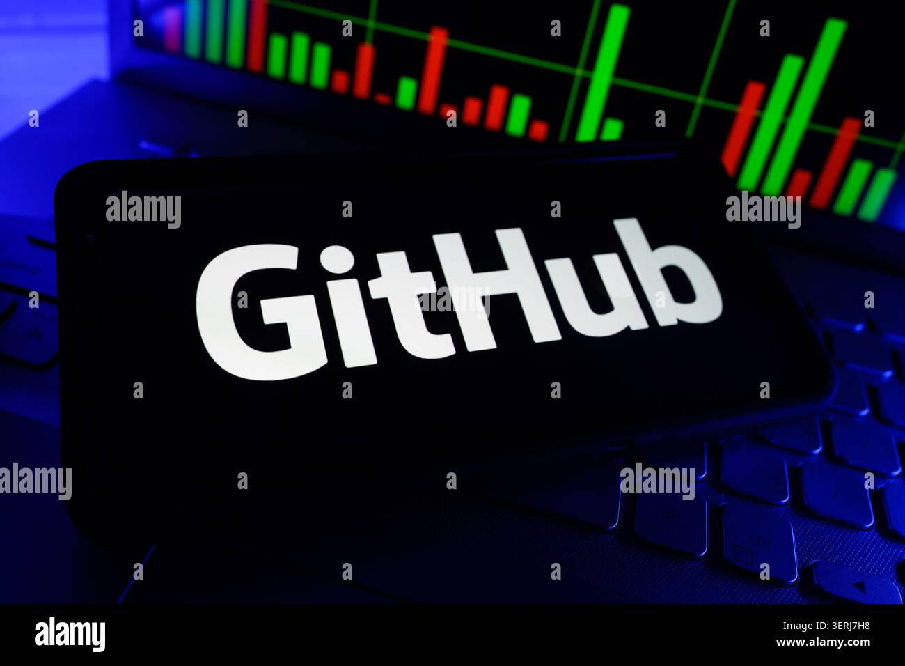 GitHub Inc Software Development Platform Version Control Hosting Company Logo Displayed On Mobile Phone Screen With Stock Market Chart Background Stock Photo