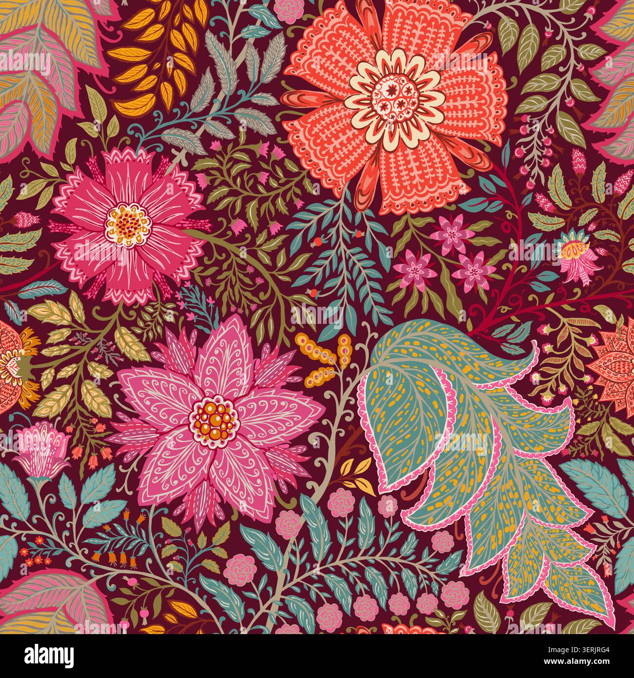 Maroon Indian Chintz Floral Ornamental Pattern Stock Vector