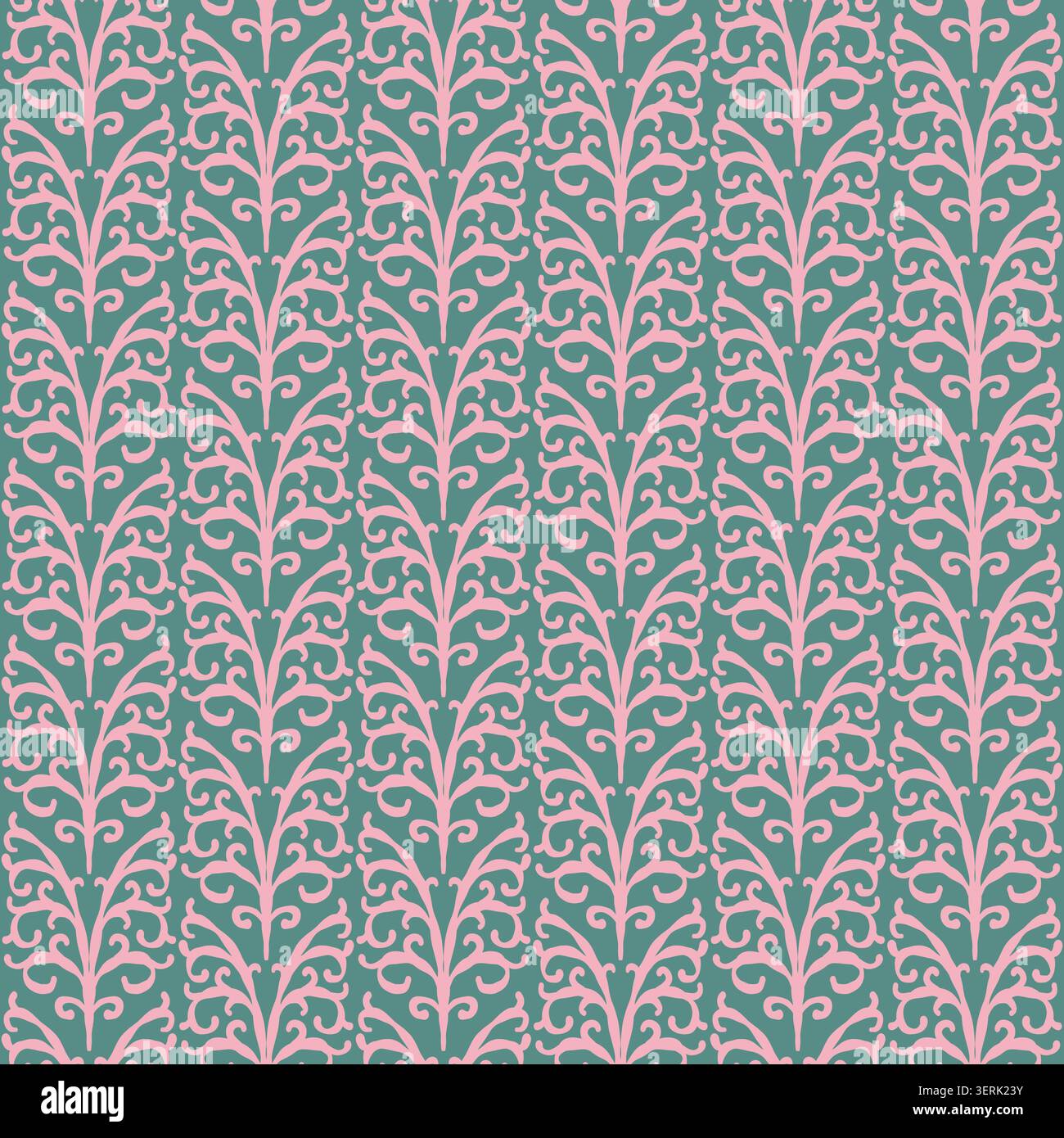 Pink Teal Vertical Scroll Foliage Pattern Stock Vector