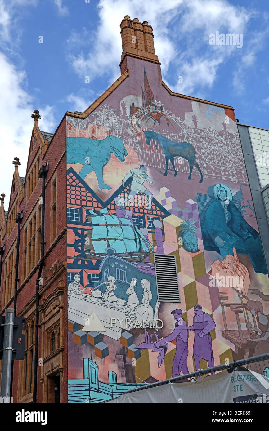 Large public artwork decorating Pyramid Arts Centre, celebrating theatre, music and creativity in Warrington, Cheshire, UK. Stock Photo