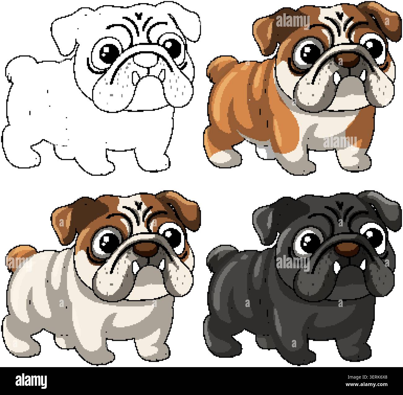 Four cartoon bulldog characters in various colors including white, brown, and black line art styles Stock Vector