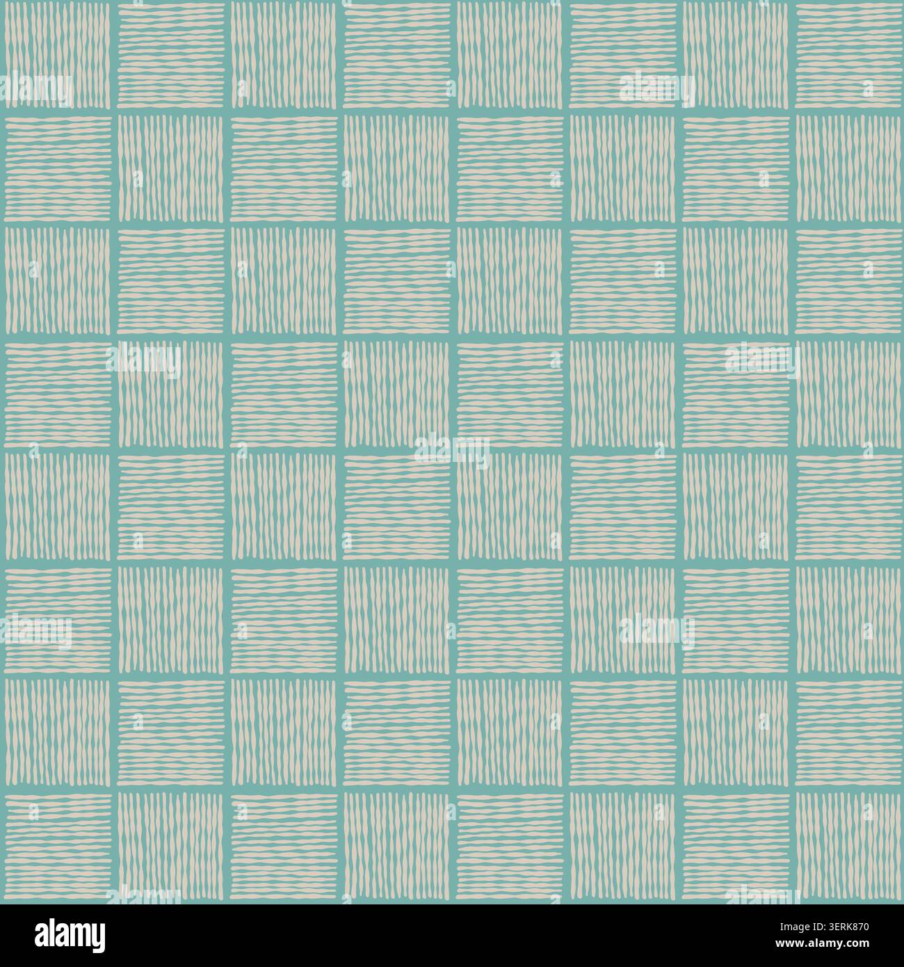 Teal Beige Textured Woven Checkerboard Pattern Stock Vector