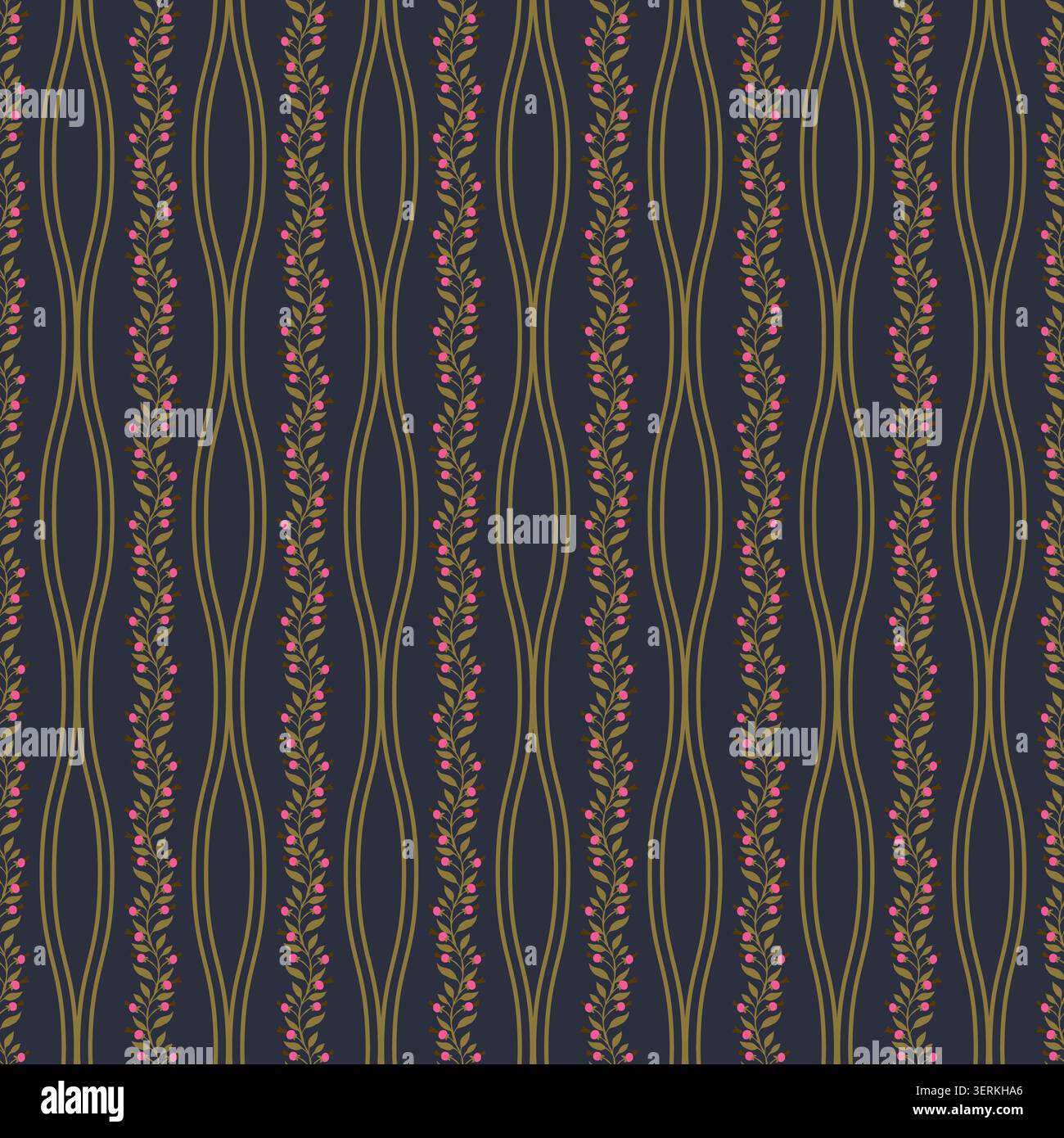 Navy Botanical Berry Vine Pattern Stock Vector