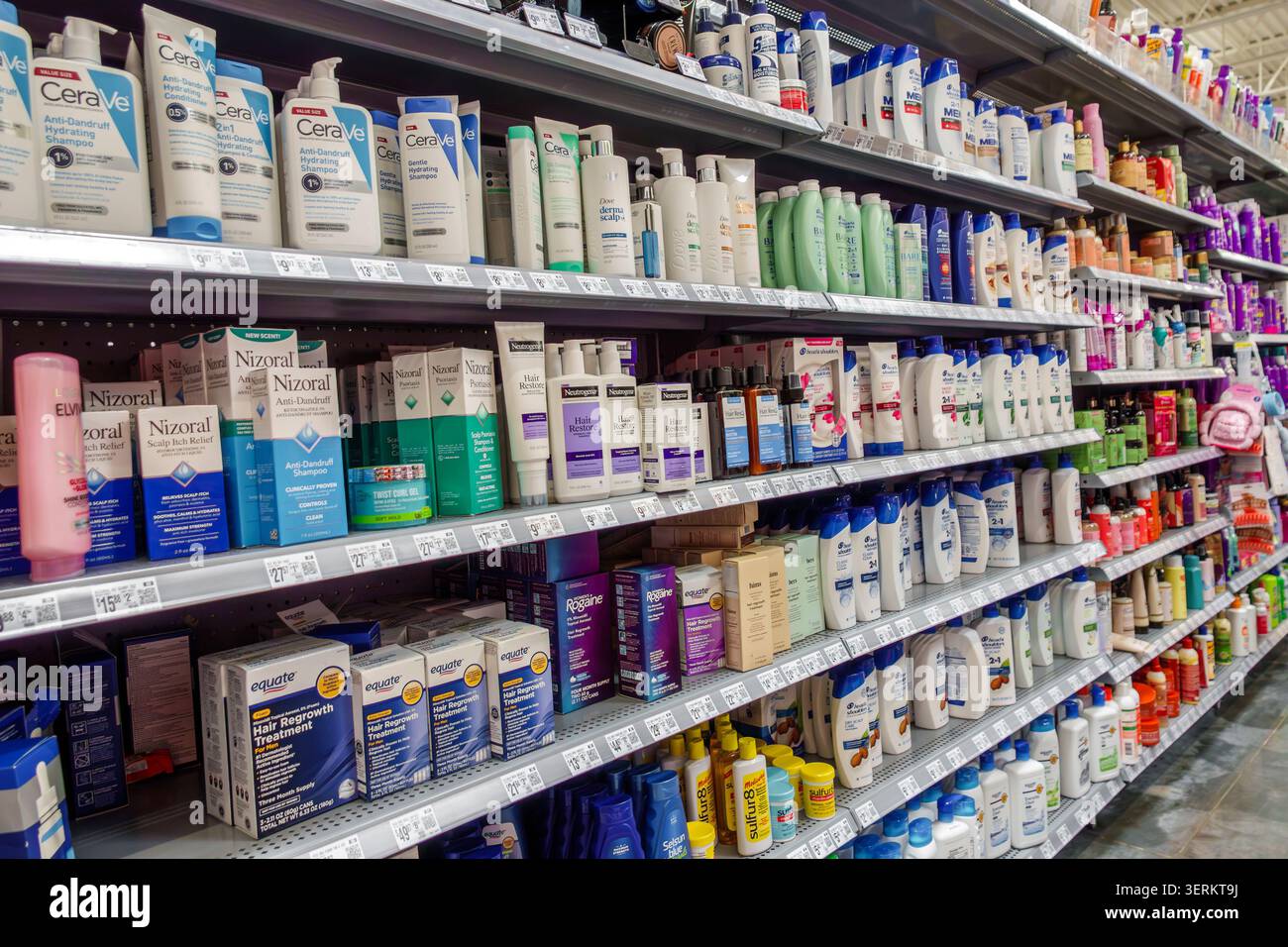 Miami Florida, Walmart Supercenter, discount department store shopping, inside interior, hair care products, shampoo, conditioner, CeraVe, Nizoral, Do Stock Photo
