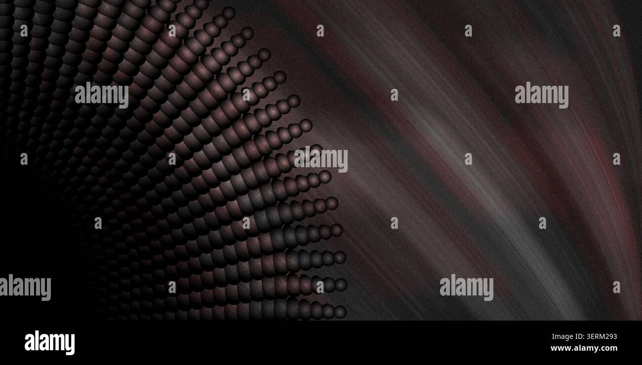 A moody, dark abstract image showing a curved grid of spheres emerging from a black void, complemented by subtle, flowing diagonal light rays. Stock Photo