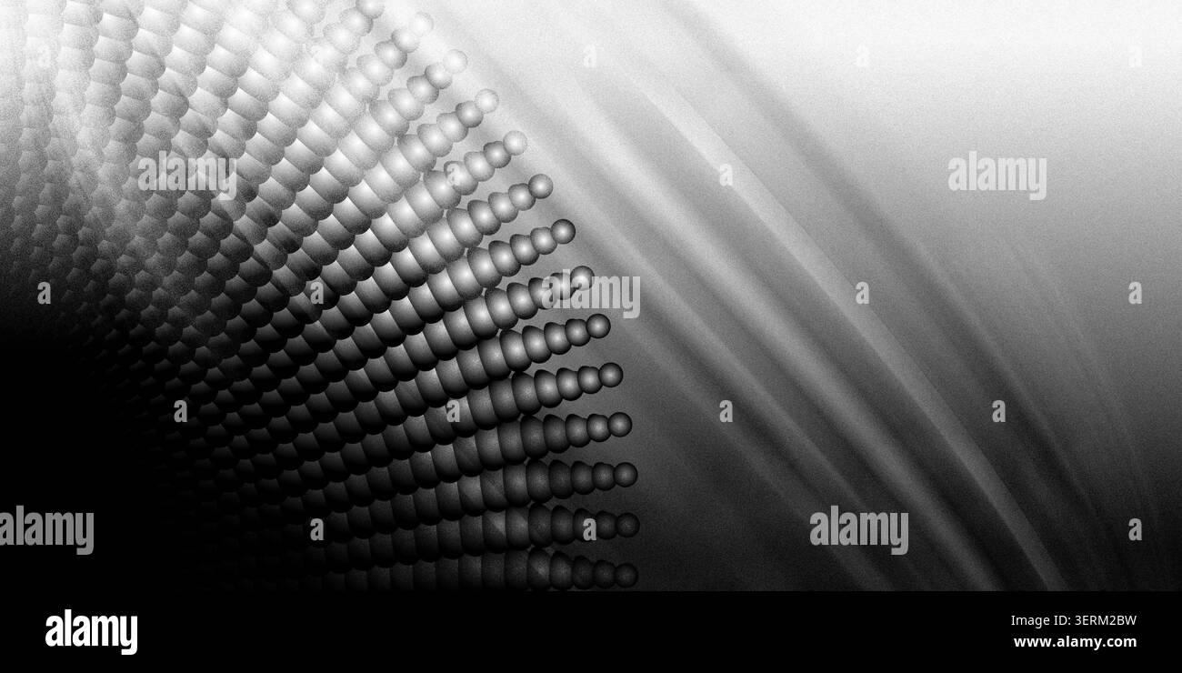 An abstract composition in shades of gray, featuring a dense grid of spheres forming a curved shape against a background of soft, diagonal light rays. Stock Photo
