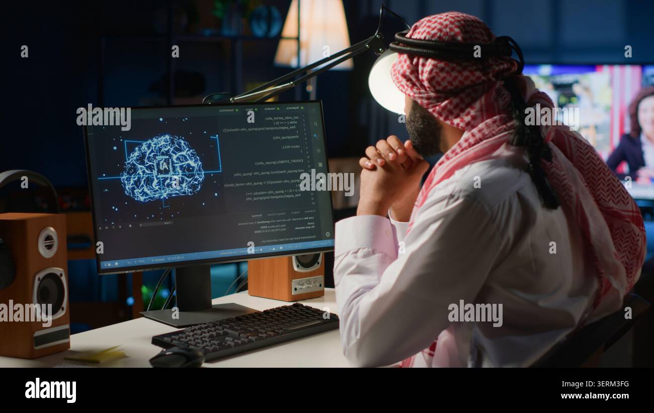 Arab admin using computer to visualize artificial intelligence neural networks made up of interconnected nodes using augmented reality technology. Developer oversees AI systems processing information. Stock Photo