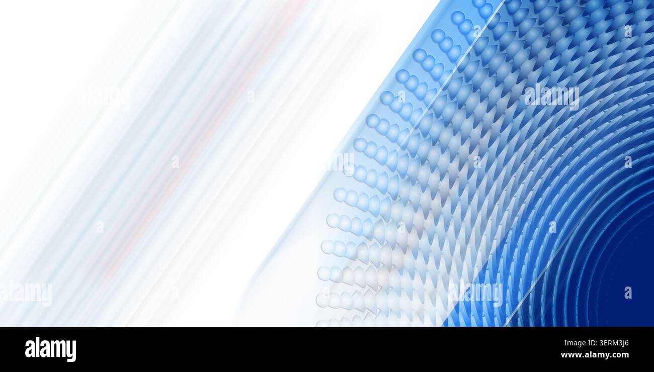 A vibrant abstract composition featuring a blue circular sphere pattern transitioning into a clean white background with diagonal light streaks. Stock Photo