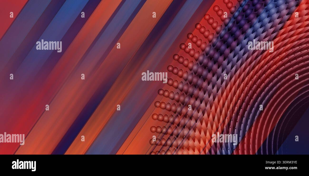 A dynamic abstract background featuring a radial pattern of spheres over a multi-colored diagonal striped gradient of blue, orange, and red. Stock Photo