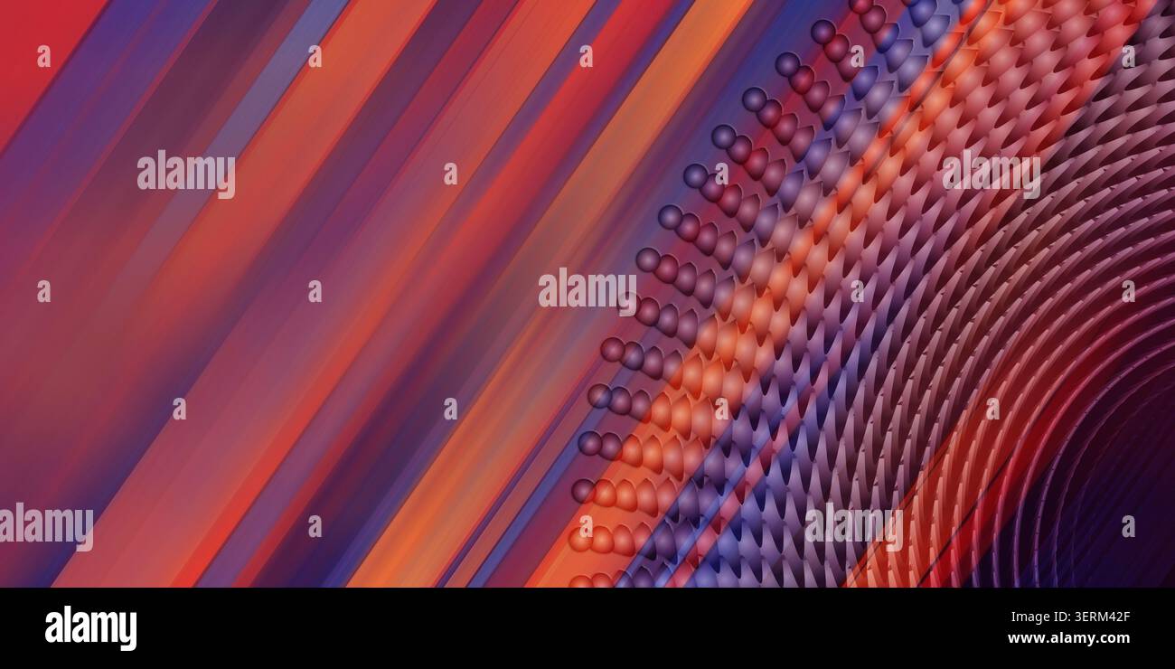 A dynamic abstract background featuring diagonal gradient lines in purple and orange, transitioning into a curved, repeating pattern of 3D spheres. Stock Photo