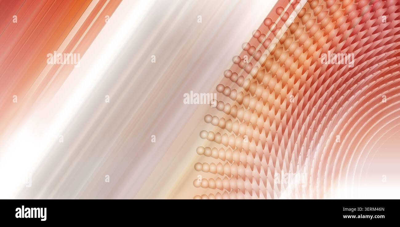 A vibrant abstract background showcasing dynamic diagonal light rays transitioning from orange to pink, with a structured circular sphere pattern. Stock Photo
